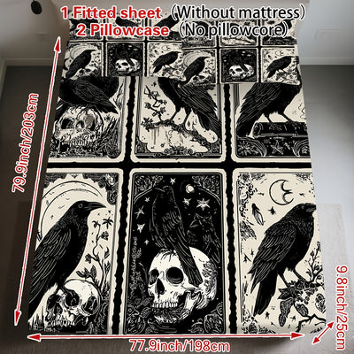 3pcs Gothic Raven Tarot Bedding Set - Deep Pocket Fitted Sheet & 2 Pillowcases, Black & White Raven Print with Tarot Card Motifs, Soft Breathable Fabric, Machine Washable, All-Season Comfort for Queen/King Size Beds, Gothic B