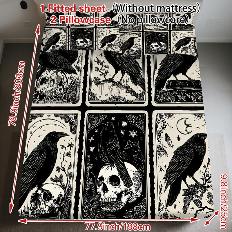 3pcs Gothic Raven Tarot Bedding Set - Deep Pocket Fitted Sheet & 2 Pillowcases, Black & White Raven Print with Tarot Card Motifs, Soft Breathable Fabric, Machine Washable, All-Season Comfort for Queen/King Size Beds, Gothic B