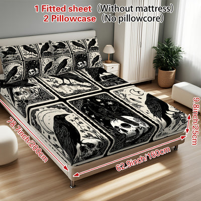 3pcs Gothic Raven Tarot Bedding Set - Deep Pocket Fitted Sheet & 2 Pillowcases, Black & White Raven Print with Tarot Card Motifs, Soft Breathable Fabric, Machine Washable, All-Season Comfort for Queen/King Size Beds, Gothic B