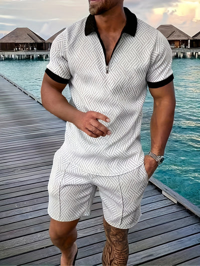 Mens 2Pcs Casual Summer Set - Breezy Short Sleeve Shirt with Matching Drawstring Shorts - Ideal for Vacation & Workout