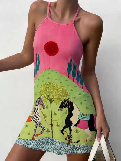 Women'S Summer Zebra Print Halter Neck Dress - Cute, Elegant Off-Shoulder Mini Dress with Vibrant Sun and Horse Illustration, Lightweight Polyester Fabric, Perfect for Casual or Vacation Wear, Casual Summer Dress | Playful Pr