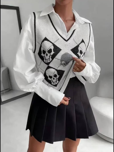 Women's Gothic White V-Neck Sleeveless Skull Sweater Vest - Black & White Cardigan with Skull Pattern, Layered Blazer-like Jacket for Spring Summer Fall, Casual & Themed Events (Hand Wash/Dry Clean)