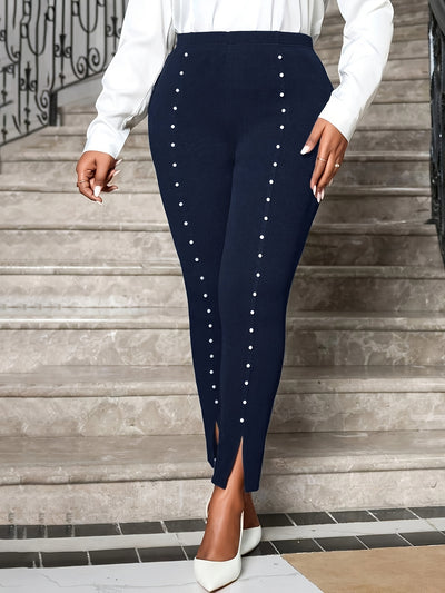 [Pearl Pants] Elegant High-Waisted Plus Size Flared Leg Pants | Women's Pearl-Embellished Elastic Waist Spring-Summer Fashion