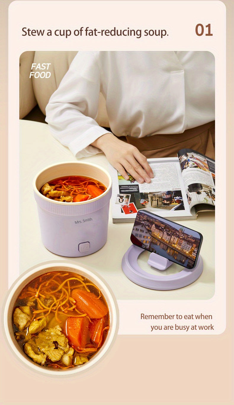 Mrs. Smith 6.3-Inch Electric Hot Pot with Mobile Phone Holder - 1L Capacity, Fast Heating 400W, Dual Temperature Control, Non-Stick, PP Material, Ideal for Frying, Stewing & Instant Noodles - Purple, Portable Hot Pot