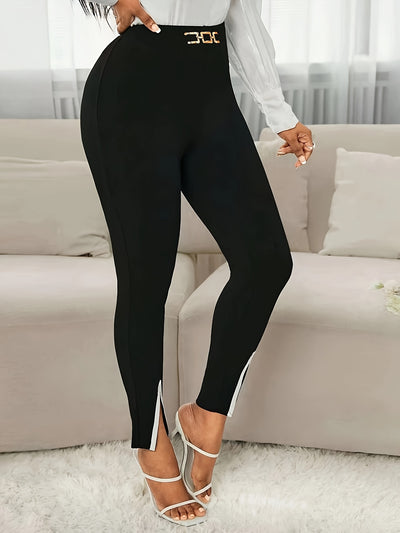 Elegant Color Block Split Crop Pants - Black & White, High-Waisted with Belt Loops, Stylish Adult Fashion, Allseason Wear, Fashionable Pants|Stylish Crop Pants|Highwaisted Pants