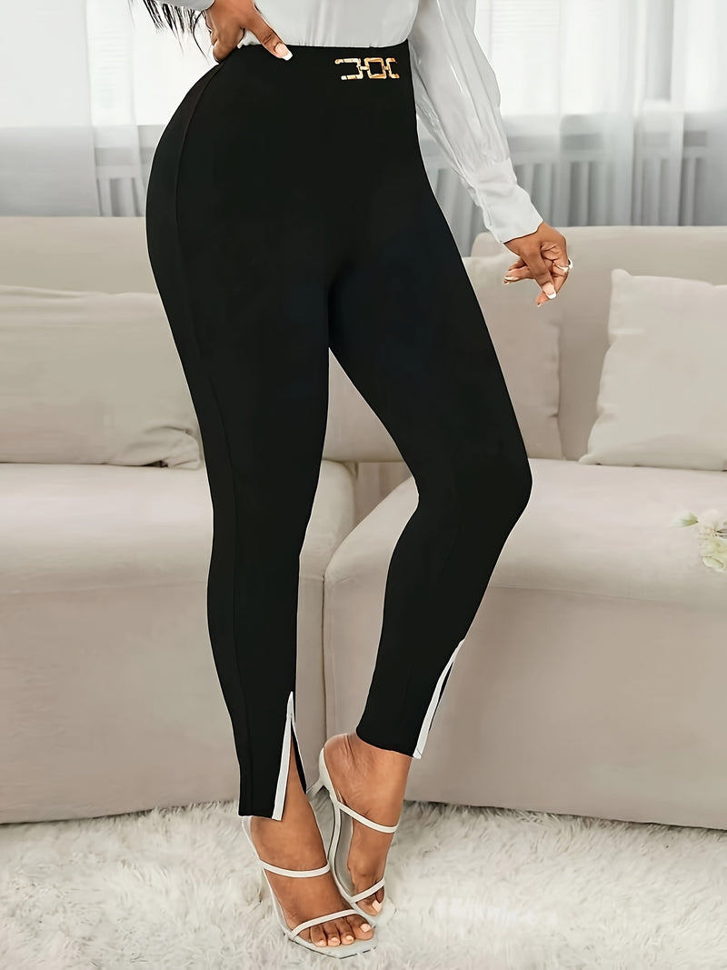 Elegant Color Block Split Crop Pants - Black & White, High-Waisted with Belt Loops, Stylish Adult Fashion, Allseason Wear, Fashionable Pants|Stylish Crop Pants|Highwaisted Pants