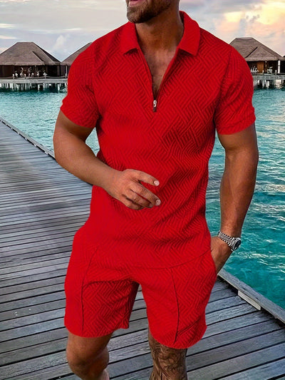 Mens 2Pcs Casual Summer Set - Breezy Short Sleeve Shirt with Matching Drawstring Shorts - Ideal for Vacation & Workout