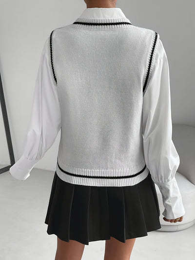 Women's Gothic White V-Neck Sleeveless Skull Sweater Vest - Black & White Cardigan with Skull Pattern, Layered Blazer-like Jacket for Spring Summer Fall, Casual & Themed Events (Hand Wash/Dry Clean)