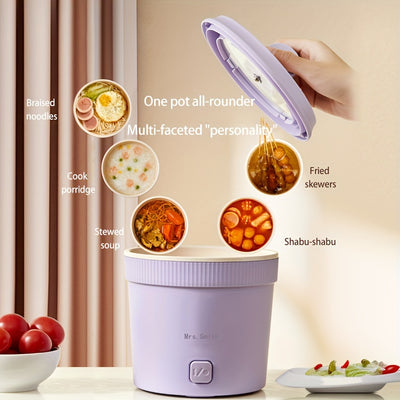 Mrs. Smith 6.3-Inch Electric Hot Pot with Mobile Phone Holder - 1L Capacity, Fast Heating 400W, Dual Temperature Control, Non-Stick, PP Material, Ideal for Frying, Stewing & Instant Noodles - Purple, Portable Hot Pot