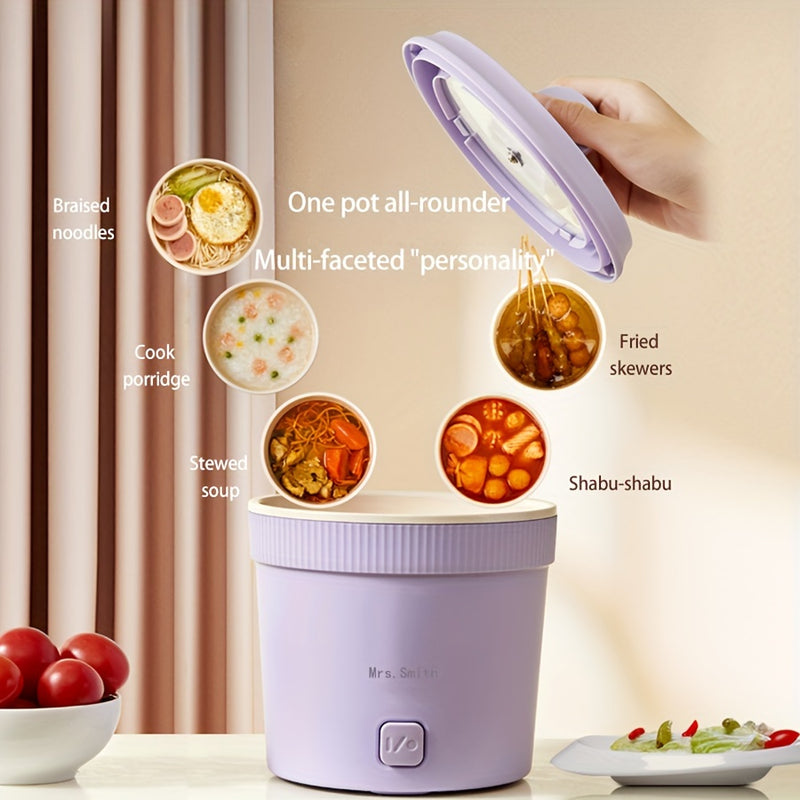 Mrs. Smith 6.3-Inch Electric Hot Pot with Mobile Phone Holder - 1L Capacity, Fast Heating 400W, Dual Temperature Control, Non-Stick, PP Material, Ideal for Frying, Stewing & Instant Noodles - Purple, Portable Hot Pot