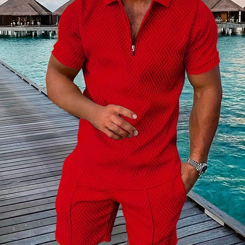 Mens 2Pcs Casual Summer Set - Breezy Short Sleeve Shirt with Matching Drawstring Shorts - Ideal for Vacation & Workout