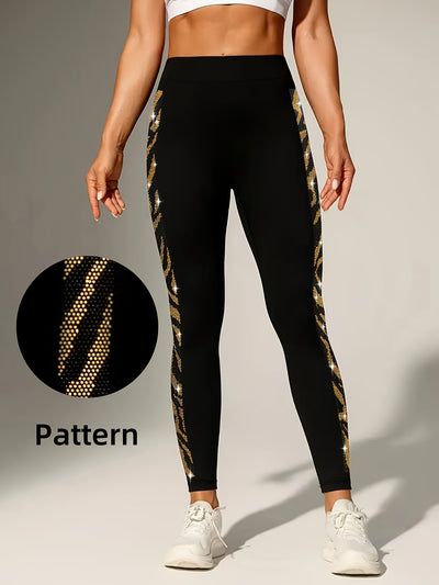 Women'S High-Waist Stretch Ankle-Length Pants with Leopard & Rhinestone Side Stripes - Slim-Fit 7/8 Length for Casual & Wear, All-Season Comfort, High Waisted Leggings, Versatile Bottoms, Stylish Leggings, High Elasticity, Fa