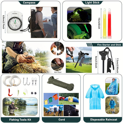 Survival Kit, 320pcs Survival Emergency Gear And Supplies with First Aid Kit Pouch, Emergency Kit with Tent, Camping Axe Hammer, Survival Shovel for Earthquake, Outdoor Adventure, Hiking, Hunting, Great Gift Idea for Men Wome