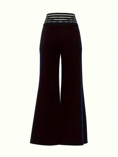 Women's High-Waisted Flared Pants with Cross-Over Mesh Panels - Navy Blue 100% Polyester, Machine Washable Elegant Casual & Formal Trousers for All Seasons