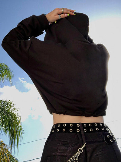 Women's Gothic Skull Print Casual Drawstring Short Hoodie Long Sleeve Top