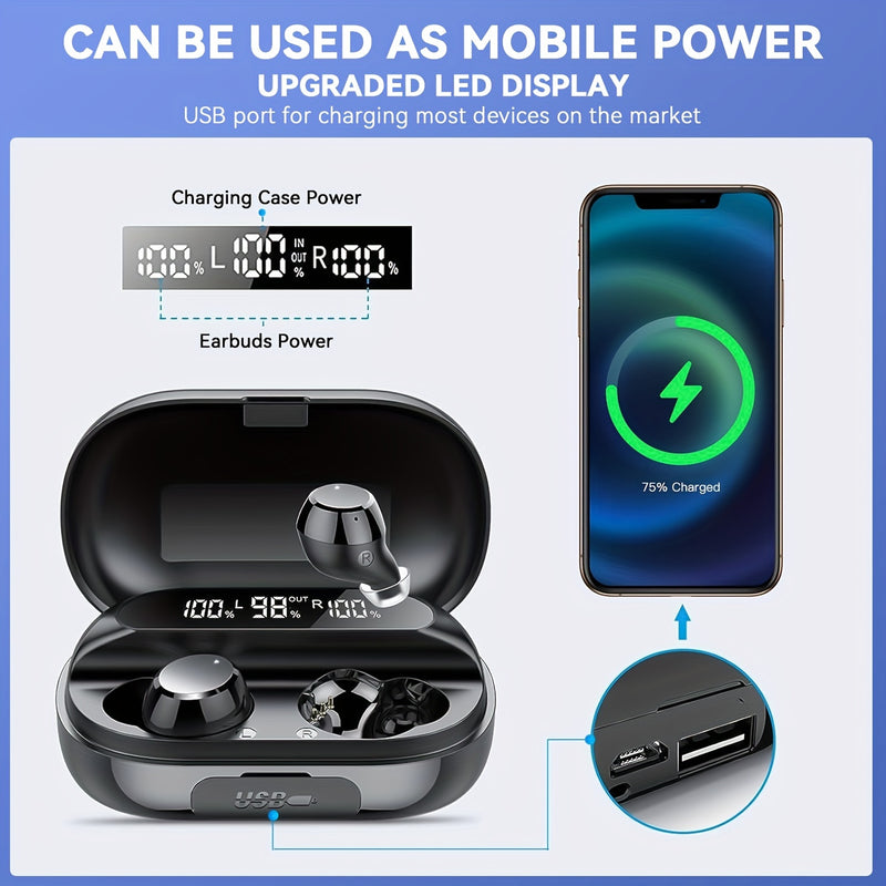 Headphones Wireless Wireless 5.3 with LED Power Display 120H In-Ear 2024 Waterproof Sports Wireless Headphones with Noise Reduction Microphone for iOS/Android Can Charge Mobile Phone Black