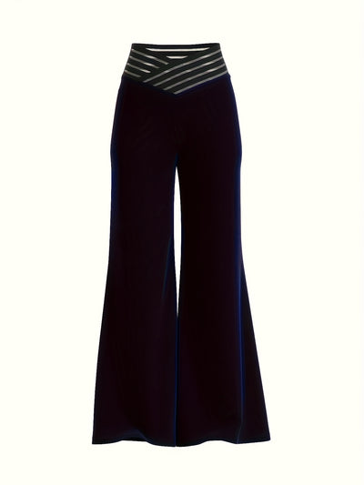 Women's High-Waisted Flared Pants with Cross-Over Mesh Panels - Navy Blue 100% Polyester, Machine Washable Elegant Casual & Formal Trousers for All Seasons
